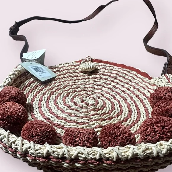 NWT Fossil Faye Crossbody Straw Woven Handbag Terracotta Accents Brown Strap - Picture 2 of 10